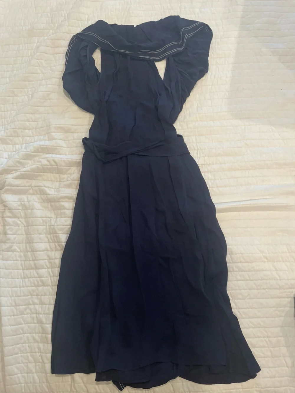 Tory Burch Navy Pleated Wrap Midi Dress with Tie